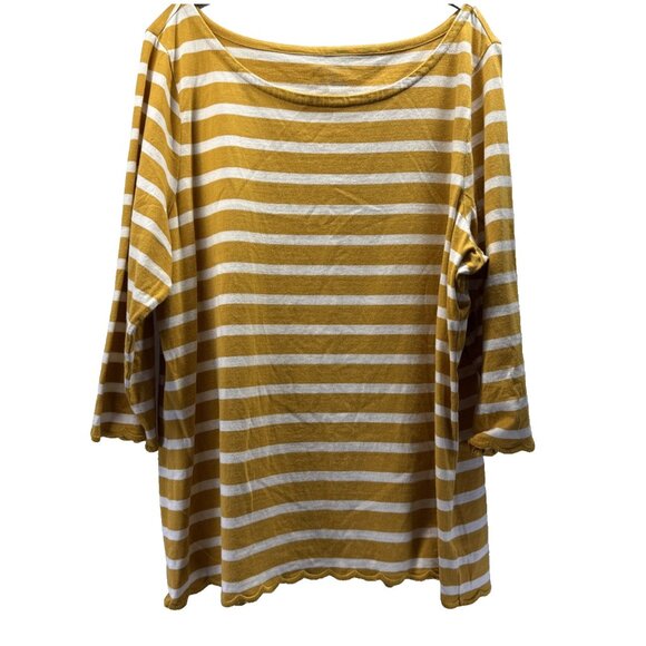 Talbots Women Top Sz 2X Gold White Stripe 3/4 Sleeve 100% Cotton Scallop Hemline - Picture 1 of 8